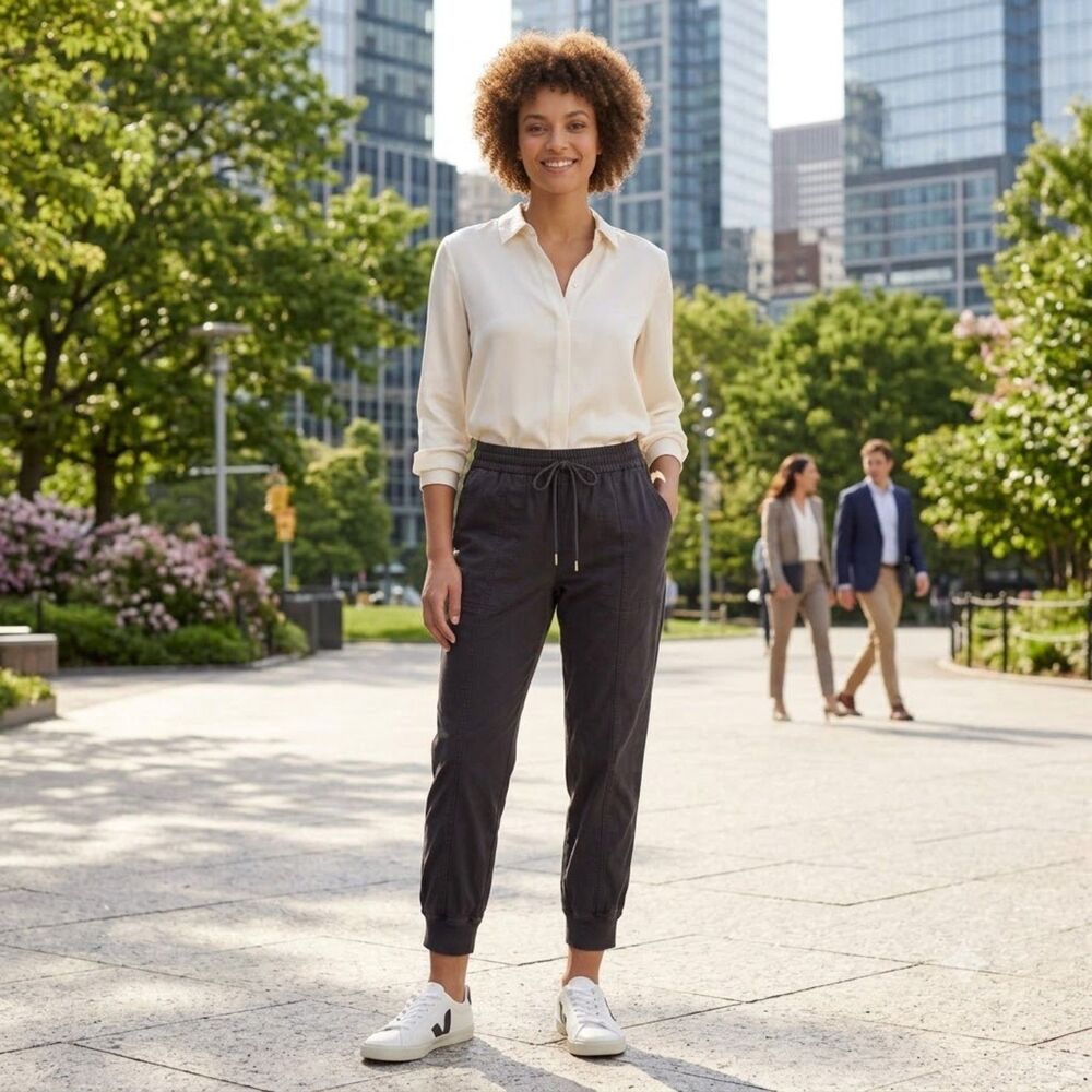 Garnet Hill Salt Wash Chino Joggers Grey Organic Cotton Med Pockets Pull On Pant
